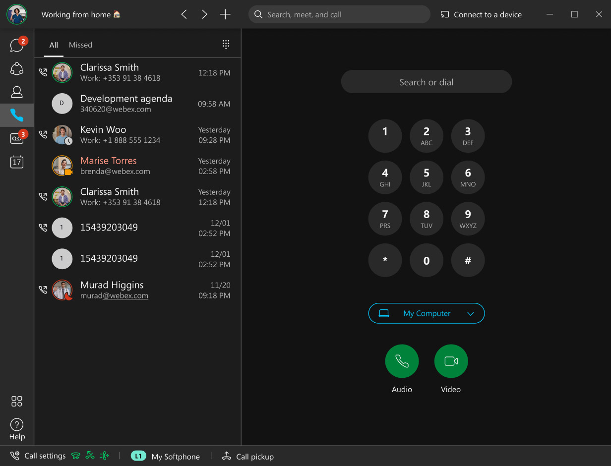 Example of the Webex Calling dialpad